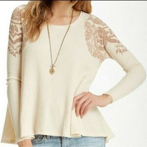 Free People We the Free Waffle Knit Print Long Sleeve Top Cream Brown Size Small